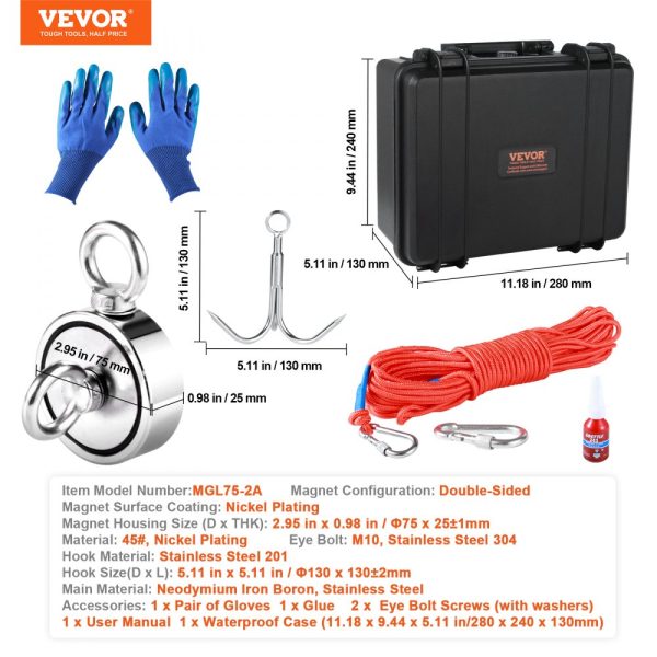 Magnet Fishing Kit 1200lbs Capacity 2.95 Diameter Double-Sided Angler Magnet Heavy Duty 65FT Rope Grappling Hook Waterproof Case Gloves Threadlocker Eye Bolt - Image 7