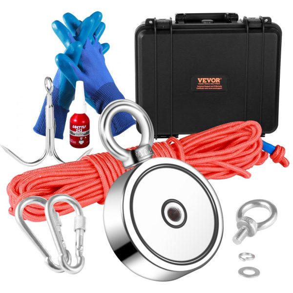 Magnet Fishing Kit 1200lbs Capacity 2.95 Diameter Double-Sided Angler Magnet Heavy Duty 65FT Rope Grappling Hook Waterproof Case Gloves Threadlocker Eye Bolt