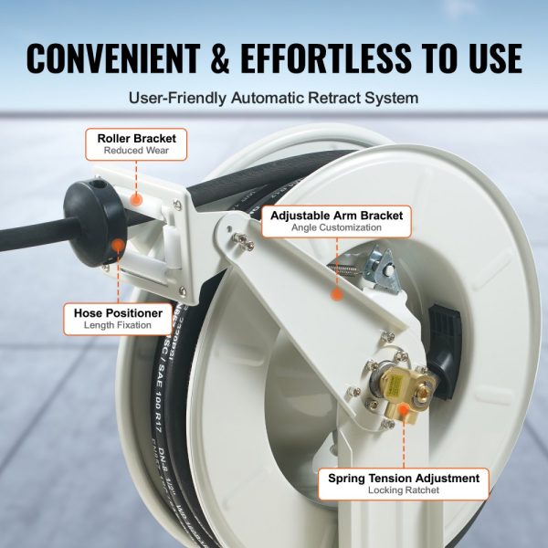 Fuel Hose Reel 1/2 x 50' Heavy Duty Spring Driven Auto Swivel Rewind Carbon Steel Construction 2300 PSI - Image 4