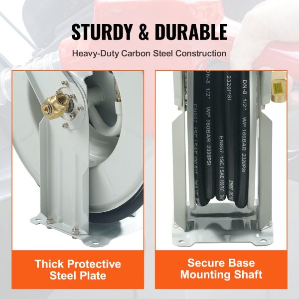 Fuel Hose Reel 1/2 x 50' Heavy Duty Spring Driven Auto Swivel Rewind Carbon Steel Construction 2300 PSI - Image 6