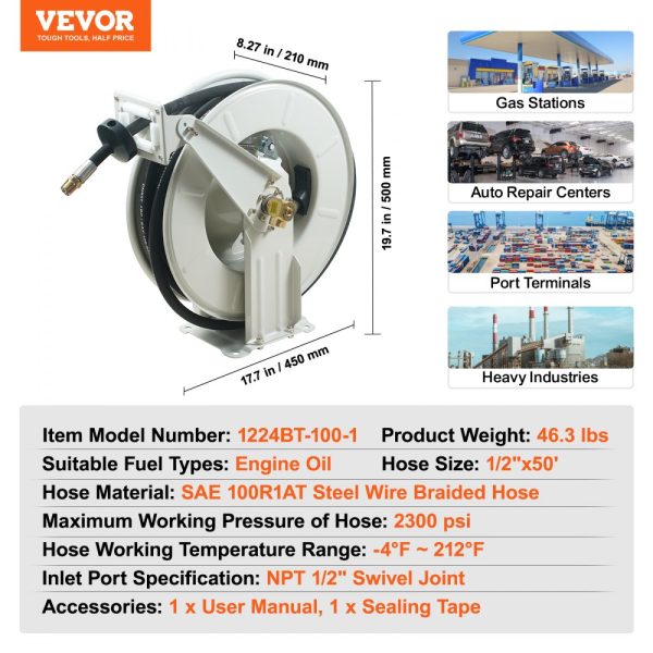 Fuel Hose Reel 1/2 x 50' Heavy Duty Spring Driven Auto Swivel Rewind Carbon Steel Construction 2300 PSI - Image 7