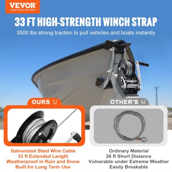 Hand Winch 3500 lbs Pulling Capacity Heavy Duty Trailer Boat ATV Towing 33ft Steel Wire Cable Two-Way Ratchet Manual Operation - Image 2