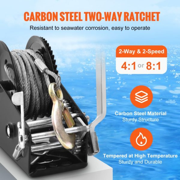 Hand Winch 3500 lbs Pulling Capacity Heavy Duty Trailer Boat ATV Towing 33ft Steel Wire Cable Two-Way Ratchet Manual Operation - Image 3