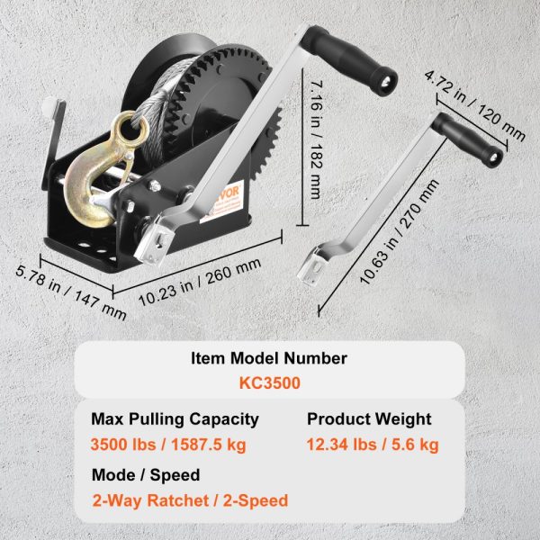 Hand Winch 3500 lbs Pulling Capacity Heavy Duty Trailer Boat ATV Towing 33ft Steel Wire Cable Two-Way Ratchet Manual Operation - Image 7