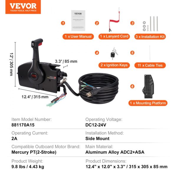Boat Throttle Control Side-Mounted Remote Box with Power Trim Switch, 16.3ft Harness, 8+4 Pin, Lanyard - Image 7