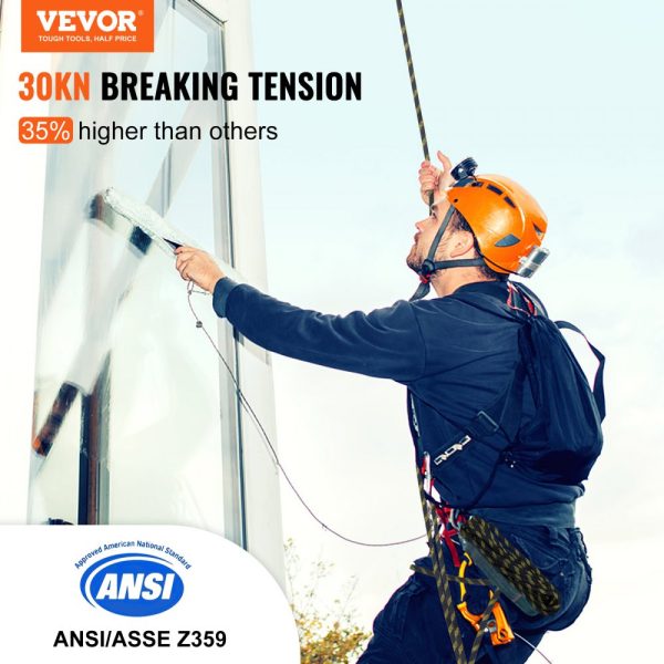 Vertical Lifeline Assembly 0.55 Inch Diameter 100 Feet Fall Protection Rope 30 KN Breaking Tension Steel Snap Hooks Rope Grab Shock Absorber ANSI Compliant Polyester - Image 2