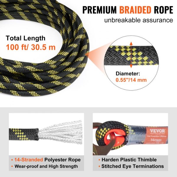 Vertical Lifeline Assembly 0.55 Inch Diameter 100 Feet Fall Protection Rope 30 KN Breaking Tension Steel Snap Hooks Rope Grab Shock Absorber ANSI Compliant Polyester - Image 3