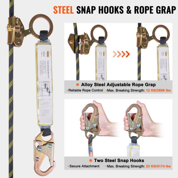 Vertical Lifeline Assembly 0.55 Inch Diameter 100 Feet Fall Protection Rope 30 KN Breaking Tension Steel Snap Hooks Rope Grab Shock Absorber ANSI Compliant Polyester - Image 4