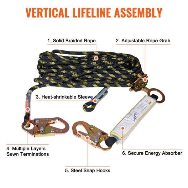 Vertical Lifeline Assembly 0.55 Inch Diameter 100 Feet Fall Protection Rope 30 KN Breaking Tension Steel Snap Hooks Rope Grab Shock Absorber ANSI Compliant Polyester - Image 6