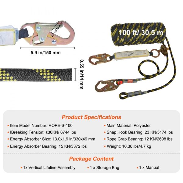 Vertical Lifeline Assembly 0.55 Inch Diameter 100 Feet Fall Protection Rope 30 KN Breaking Tension Steel Snap Hooks Rope Grab Shock Absorber ANSI Compliant Polyester - Image 7