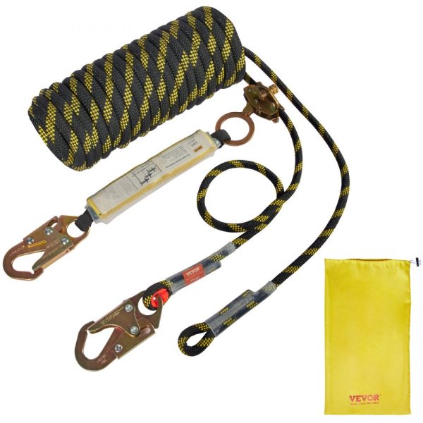 Vertical Lifeline Assembly 0.55 Inch Diameter 100 Feet Fall Protection Rope 30 KN Breaking Tension Steel Snap Hooks Rope Grab Shock Absorber ANSI Compliant Polyester
