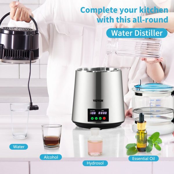 Gal Water Distiller 1.1 Gal 750W 0.3 Gal/H 0-99H Timer Temp Display 304 Stainless Steel Countertop Glass Carafe Cleaning Powder 3 Carbon Packs Silver - Image 2
