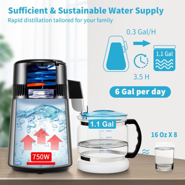 Gal Water Distiller 1.1 Gal 750W 0.3 Gal/H 0-99H Timer Temp Display 304 Stainless Steel Countertop Glass Carafe Cleaning Powder 3 Carbon Packs Silver - Image 3