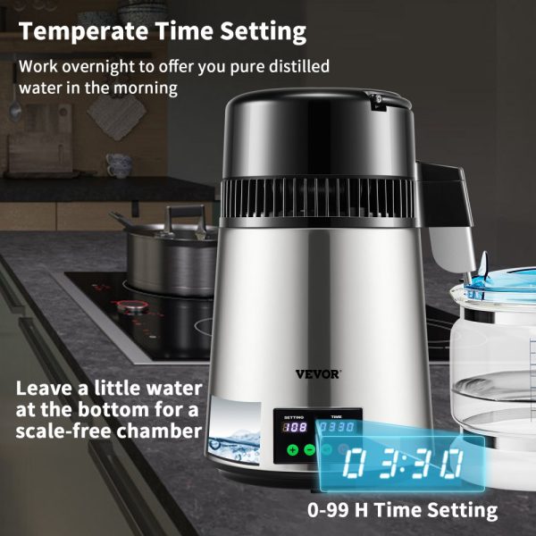 Gal Water Distiller 1.1 Gal 750W 0.3 Gal/H 0-99H Timer Temp Display 304 Stainless Steel Countertop Glass Carafe Cleaning Powder 3 Carbon Packs Silver - Image 4