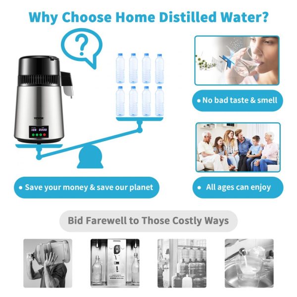 Gal Water Distiller 1.1 Gal 750W 0.3 Gal/H 0-99H Timer Temp Display 304 Stainless Steel Countertop Glass Carafe Cleaning Powder 3 Carbon Packs Silver - Image 5