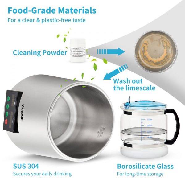 Gal Water Distiller 1.1 Gal 750W 0.3 Gal/H 0-99H Timer Temp Display 304 Stainless Steel Countertop Glass Carafe Cleaning Powder 3 Carbon Packs Silver - Image 6