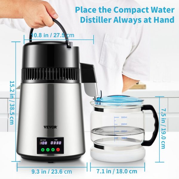 Gal Water Distiller 1.1 Gal 750W 0.3 Gal/H 0-99H Timer Temp Display 304 Stainless Steel Countertop Glass Carafe Cleaning Powder 3 Carbon Packs Silver - Image 7