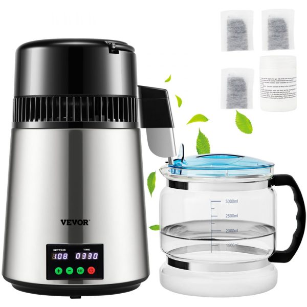 Gal Water Distiller 1.1 Gal 750W 0.3 Gal/H 0-99H Timer Temp Display 304 Stainless Steel Countertop Glass Carafe Cleaning Powder 3 Carbon Packs Silver