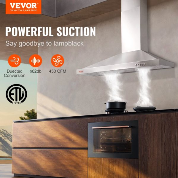 Wall Mount Stainless Steel Range Hood 30 Inch Ductless Chimney Style Kitchen Vent with 3 Speed Exhaust Fan Stainless Steel Permanent Filter 2 Baffle Filters LED Lighting Push Button Control - Image 2