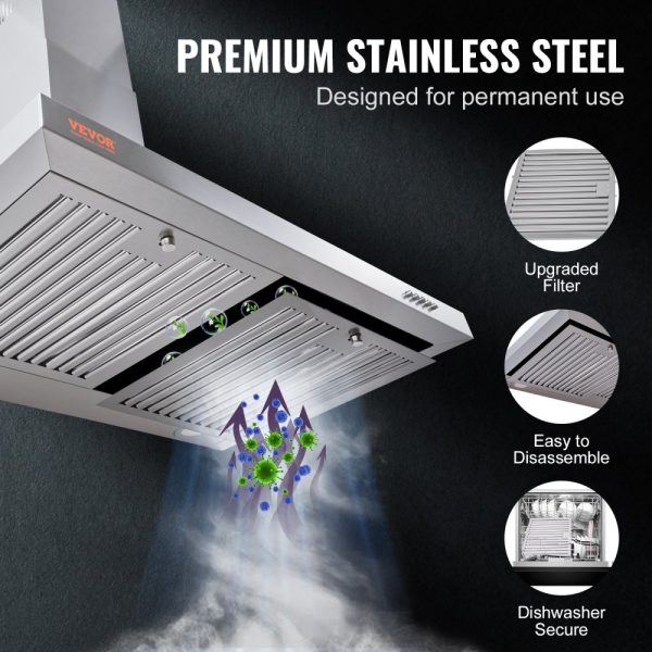 Wall Mount Stainless Steel Range Hood 30 Inch Ductless Chimney Style Kitchen Vent with 3 Speed Exhaust Fan Stainless Steel Permanent Filter 2 Baffle Filters LED Lighting Push Button Control - Image 3