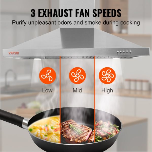 Wall Mount Stainless Steel Range Hood 30 Inch Ductless Chimney Style Kitchen Vent with 3 Speed Exhaust Fan Stainless Steel Permanent Filter 2 Baffle Filters LED Lighting Push Button Control - Image 4