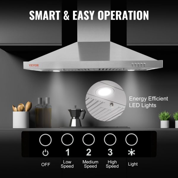 Wall Mount Stainless Steel Range Hood 30 Inch Ductless Chimney Style Kitchen Vent with 3 Speed Exhaust Fan Stainless Steel Permanent Filter 2 Baffle Filters LED Lighting Push Button Control - Image 5