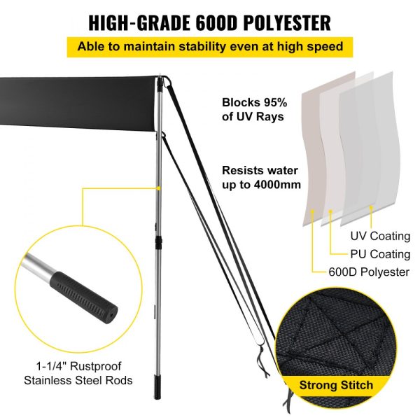 6x7 UV-Proof 600D Polyester T-Top Shade Kit with Rustproof Steel Poles for T-Top & Bimini Top Easy Assembly - Image 3
