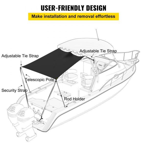 6x7 UV-Proof 600D Polyester T-Top Shade Kit with Rustproof Steel Poles for T-Top & Bimini Top Easy Assembly - Image 6