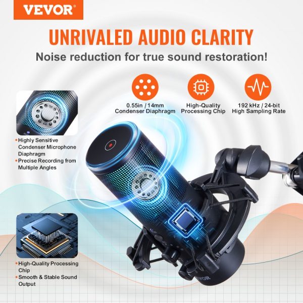 USB Condenser Microphone 192kHz 24bit with Boom Arm Stand Pop Filter Shock Mount 11 RGB Lights Mute Button Headphone Jack for Recording Gaming Singing - Image 2
