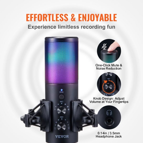 USB Condenser Microphone 192kHz 24bit with Boom Arm Stand Pop Filter Shock Mount 11 RGB Lights Mute Button Headphone Jack for Recording Gaming Singing - Image 4
