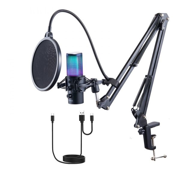 USB Condenser Microphone 192kHz 24bit with Boom Arm Stand Pop Filter Shock Mount 11 RGB Lights Mute Button Headphone Jack for Recording Gaming Singing