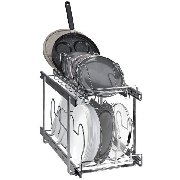2-Tier Expandable Pan Rack Under Cabinet Organizer with Adjustable Wire Dividers & Steel Lid Holder for Kitchen Storage