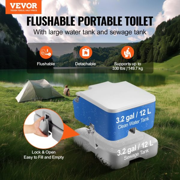 Portable Camping Toilet with 3.2 Gallon Waste & Flush Tanks Push-Button Pressurized Flush Leak-Proof Odorless for Adults Kids Travel - Image 2