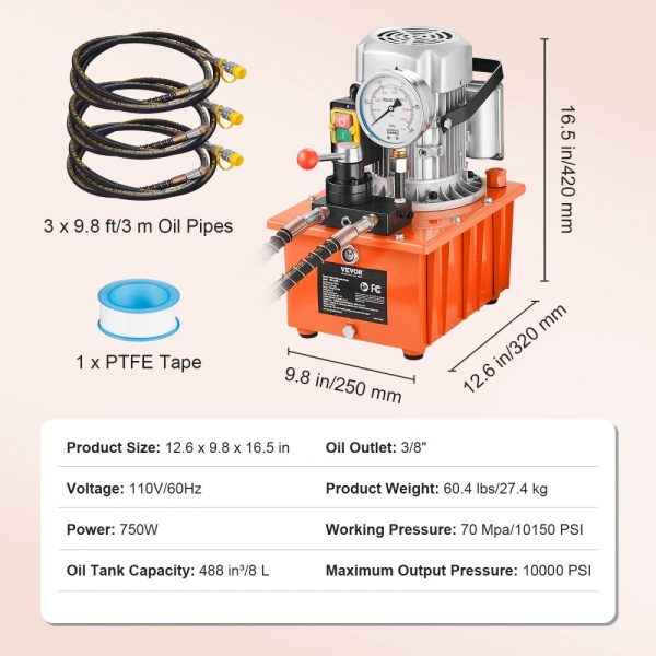 Electric Hydraulic Pump 10000 PSI 750W 110V 488in³/8L Double Acting Manual Valve Lever Switch for Punching Bending Jack Machines - Image 7