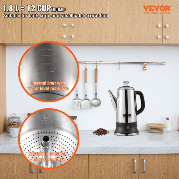 12 Cup Electric Percolator Coffee Pot with 304 Stainless Steel Keep Warm Function and Heat-Resistant Handle Classic Coffee Maker Quick Brew Design Silver Color with Easy-Pour Spout - Image 2