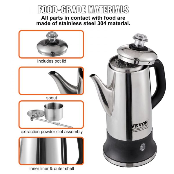 12 Cup Electric Percolator Coffee Pot with 304 Stainless Steel Keep Warm Function and Heat-Resistant Handle Classic Coffee Maker Quick Brew Design Silver Color with Easy-Pour Spout - Image 4