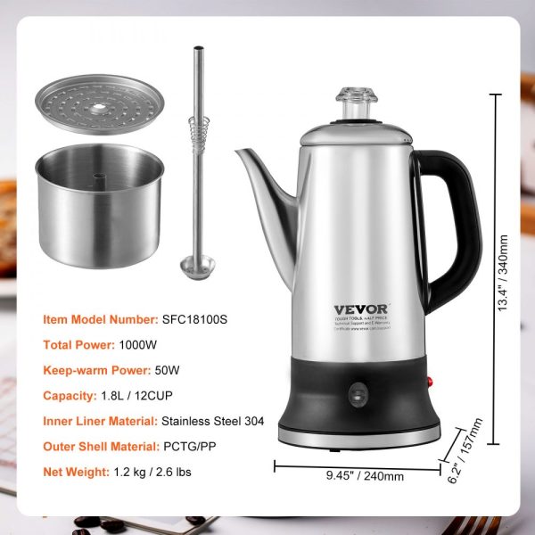 12 Cup Electric Percolator Coffee Pot with 304 Stainless Steel Keep Warm Function and Heat-Resistant Handle Classic Coffee Maker Quick Brew Design Silver Color with Easy-Pour Spout - Image 7
