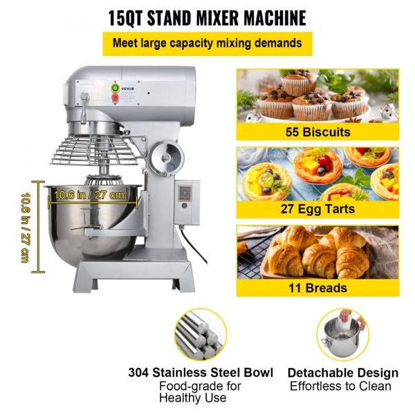 Commercial Food Mixer 15Qt 600W 3 Speeds 110 178 390 RPM Heavy Duty Stainless Steel Bowl with Dough Hook Whisk Beater for Schools Bakeries Restaurants Pizzerias Premium - Image 3