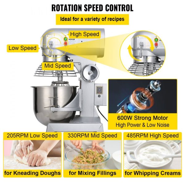 Commercial Food Mixer 15Qt 600W 3 Speeds 110 178 390 RPM Heavy Duty Stainless Steel Bowl with Dough Hook Whisk Beater for Schools Bakeries Restaurants Pizzerias Premium - Image 4