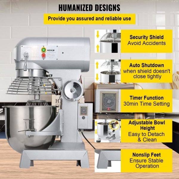 Commercial Food Mixer 15Qt 600W 3 Speeds 110 178 390 RPM Heavy Duty Stainless Steel Bowl with Dough Hook Whisk Beater for Schools Bakeries Restaurants Pizzerias Premium - Image 6