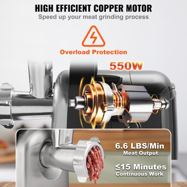 Electric Meat Grinder 6.6 Lb/Min 550W Industrial Mincer with 2 Blades 3 Grinding Plates Sausage Maker Kubbe Kit ABS Stainless Steel Commercial Grinder ETL Listed - Image 3