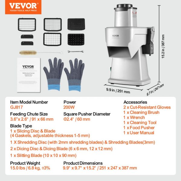 Electric Vegetable Slicer 4-in-1 Multi-Functional Food Cutter 200W for Slicing Shredding Dicing Slitting with Cut-Resistant Gloves Commercial Home Use - Image 7