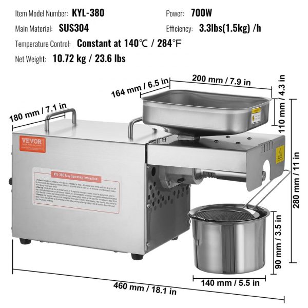 Electric Oil Press Machine 700W Stainless Steel with Constant Temperature Control for Hot Press Oil Extraction of Peanuts Sesame Seeds Rapeseed and Tea Seeds - Image 7