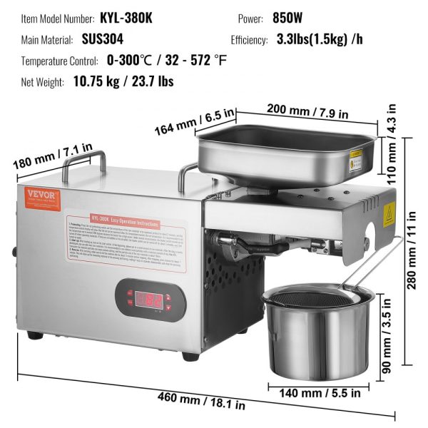 Electric Oil Press Extractor 850W Stainless Steel Adjustable Temperature 0-300℃ 32-572℉ Peanut Sesame Rapeseed Tea Seed Oil Press Machine - Image 7