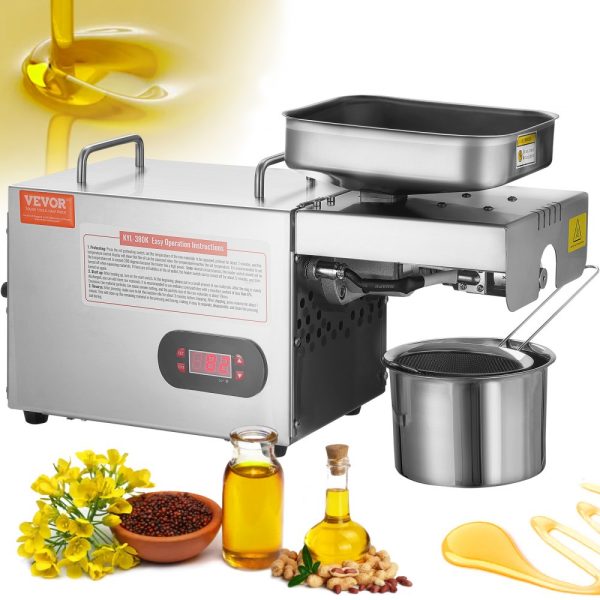 Electric Oil Press Extractor 850W Stainless Steel Adjustable Temperature 0-300℃ 32-572℉ Peanut Sesame Rapeseed Tea Seed Oil Press Machine