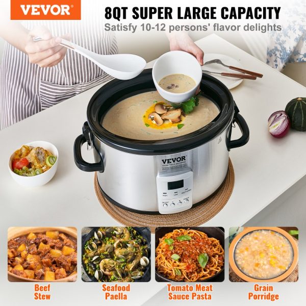 8QT 320W Electric Slow Cooker with 3-Level Heat Settings, 20-Hour Timer, Locking Lid, Ceramic Pot for Home & Commercial Use - Image 2