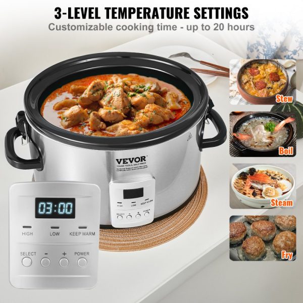 8QT 320W Electric Slow Cooker with 3-Level Heat Settings, 20-Hour Timer, Locking Lid, Ceramic Pot for Home & Commercial Use - Image 3
