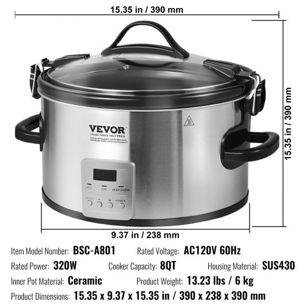 8QT 320W Electric Slow Cooker with 3-Level Heat Settings, 20-Hour Timer, Locking Lid, Ceramic Pot for Home & Commercial Use - Image 7