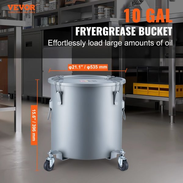 Fryer Grease Bucket 10Gal Oil Disposal Caddy on Caster Base Carbon Steel Rust Proof Coating with Lid Filter Bag Lock Clips Oil Transport Container Gray - Image 2
