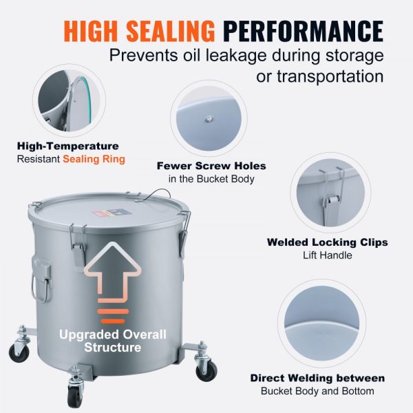 Fryer Grease Bucket 10Gal Oil Disposal Caddy on Caster Base Carbon Steel Rust Proof Coating with Lid Filter Bag Lock Clips Oil Transport Container Gray - Image 4